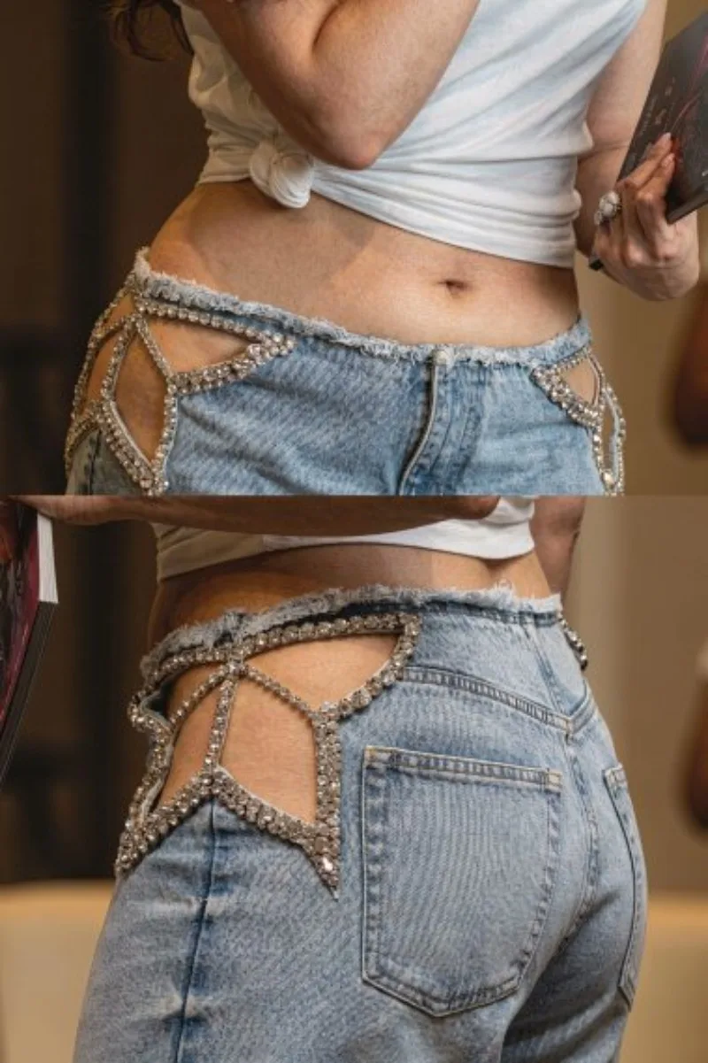 Women Hollow Out Design Jeans Blue High Waisted Street Denim Pants Street Wear Y2K Loose Casual Pants Women Clothing New