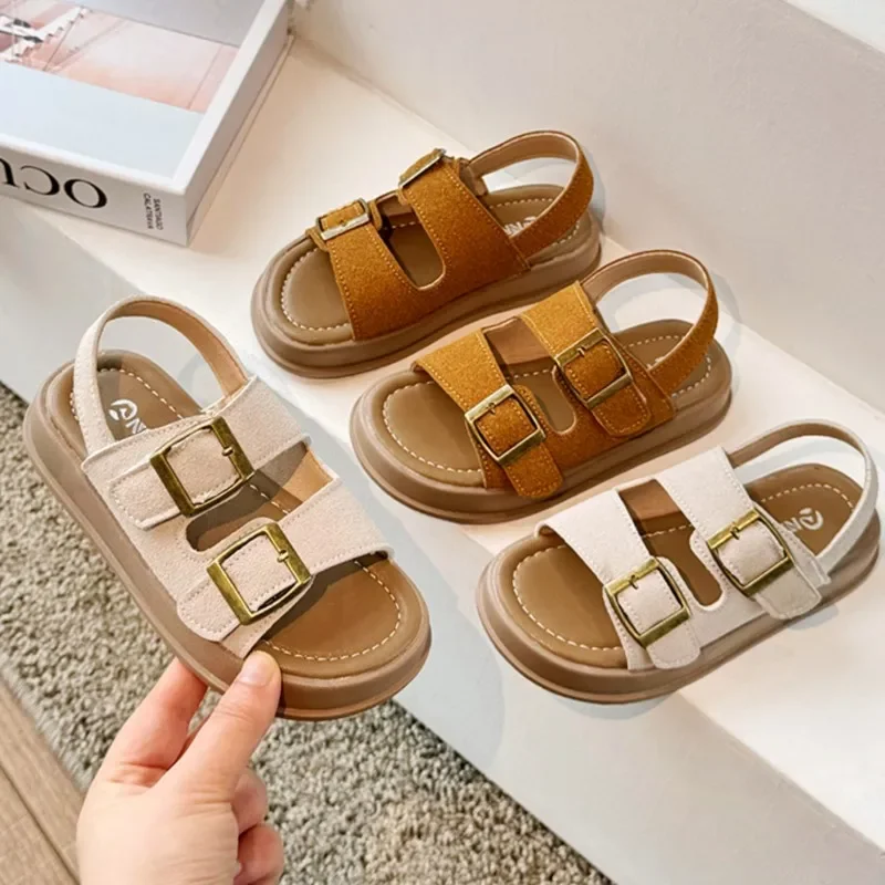 Children Retro Slippers Buckle Kids Summer Beach Shoes Simple Open-toe Classic Solid Color Boys Girls Casual Sandals 2024 New