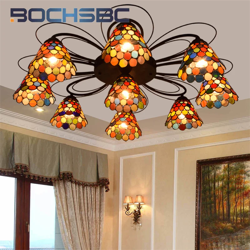 BOCHSBC Tiffany Dazzling stained glass ceiling light Pomesian style deco living room Restaurant Hotel bar Overhead light