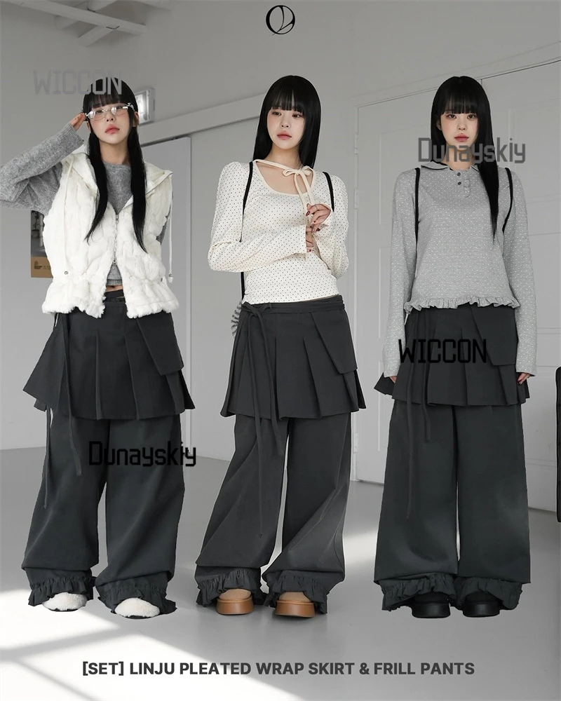 Y2k destacável calças compridas feminino coreano ins saia plissada amarrar conjunto de duas peças rendas cor sólida calças compridas saia curta tendência nova