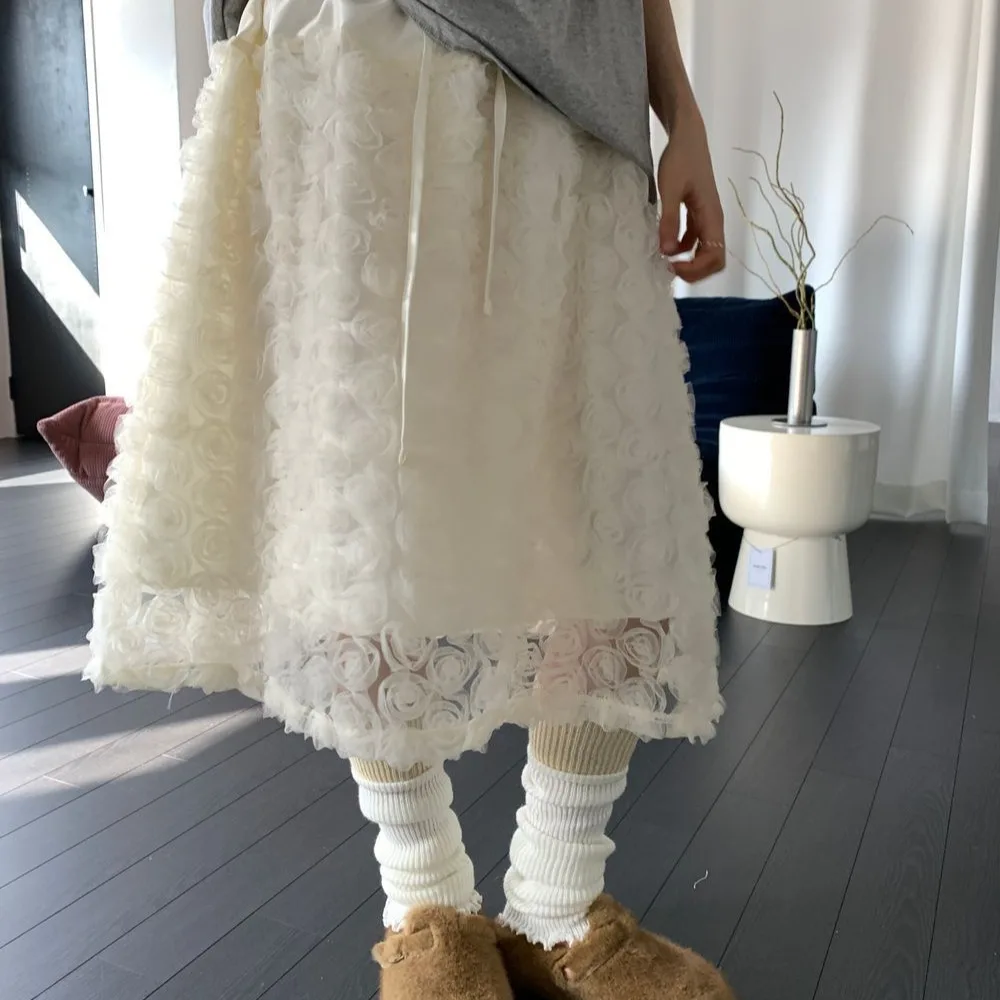 Korean Chic 3D Rose Lace Half Skirt Women's Drawstring High Waist Midi A-Line Skirt Embroidered Polyester Standard Fit