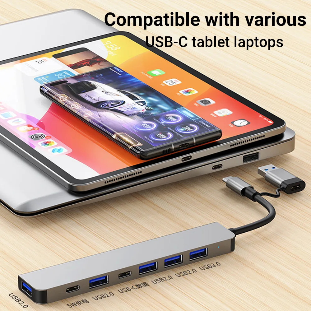 USB C Type C Hub Adapter Splitter Aluminum 7in1 USB Extender With Fast Charge For Mouse Keyboard U Disk MacBook Notebook Laptop