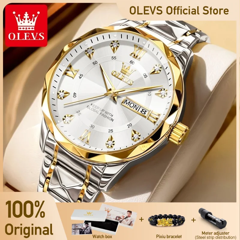 OLEVS 5609 Mens Watch Original Fashion Quartz Wristwatch Waterproof Luminous Watches For Men Dual Calendar Display Reloj Hombre