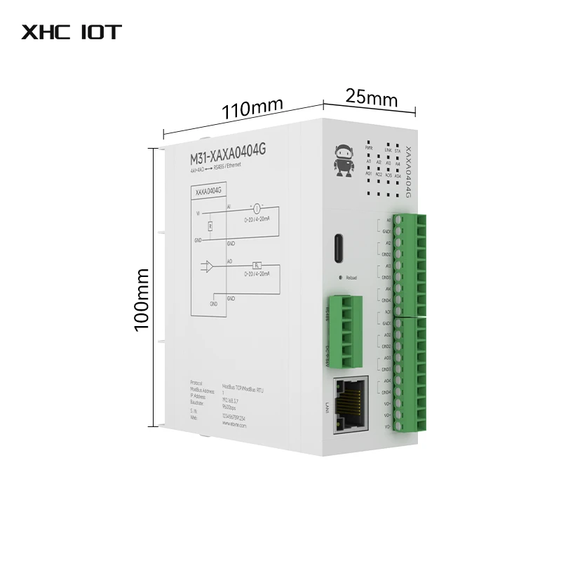 4AI+4AO Distributed Remote IO Module Host Module XHCIOT M31-XAXA0404G Analog Switch Acquisition RJ45 RS485 Modbus TCP/RTU