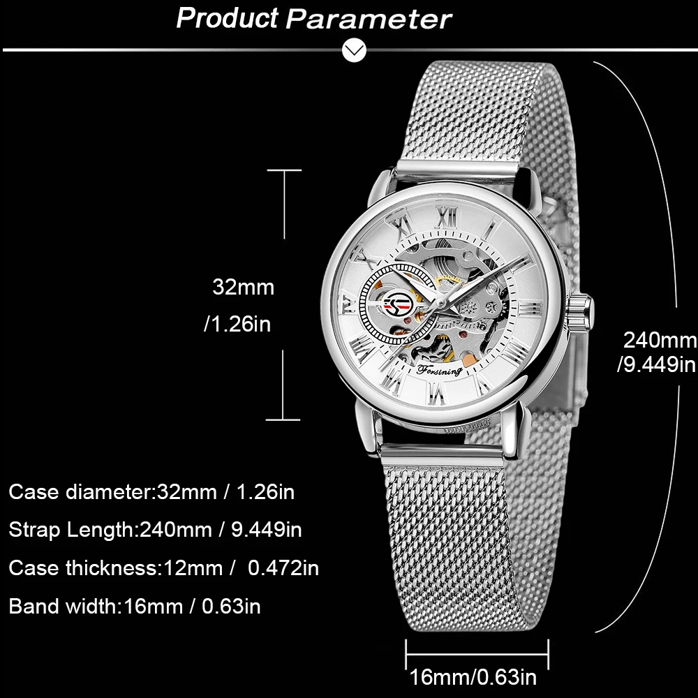 FORSINING ساعات نسائية كلاسيكية فاخرة وأنيقة هيكل عظمي يدوي للرياح ساعة ميكانيكية أرقام رومانية ساعة نسائية مجوفة رائعة