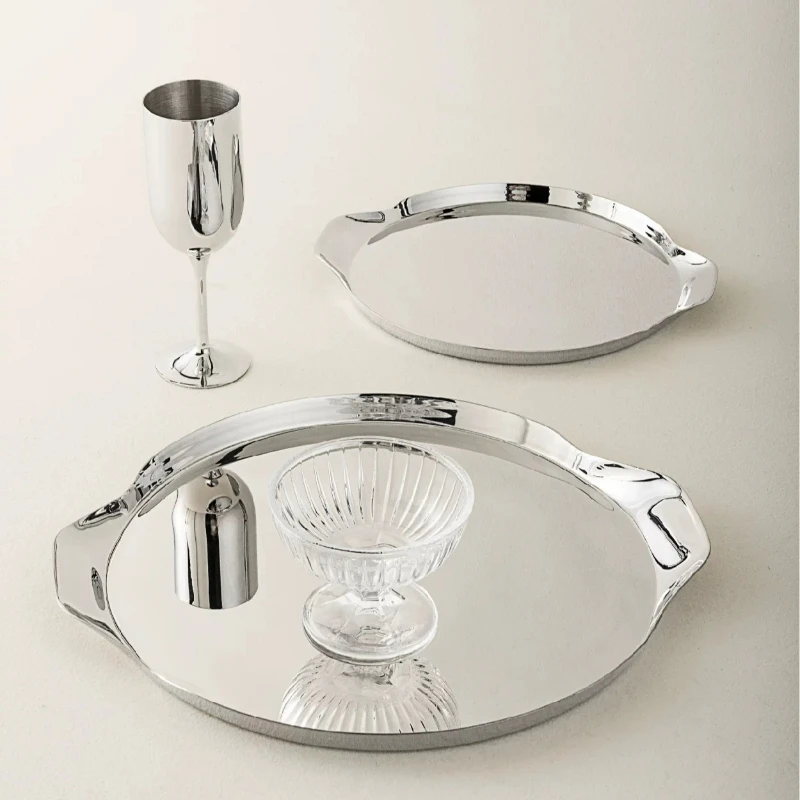 Round Stainless Steel Serving Tray Handled Table Platter Tea Coffee Cup Holder Simple Household Storage Plate for Dining Decor