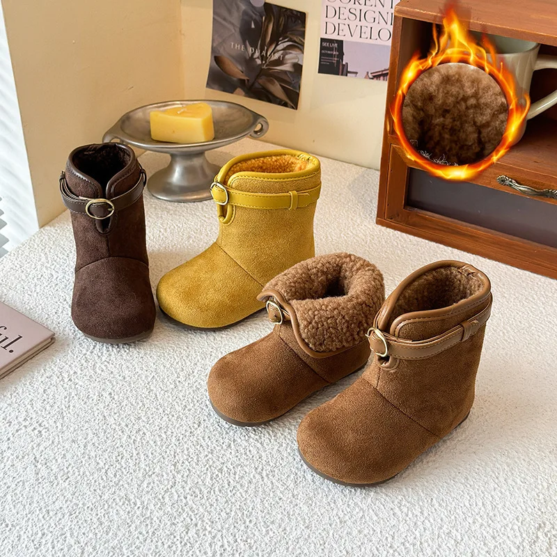

Girls Leather Boots Soild Color Versatile Children Short Boots Round Toes 2025 Winter New Kids Ankle Boots Suede Warm Fashion