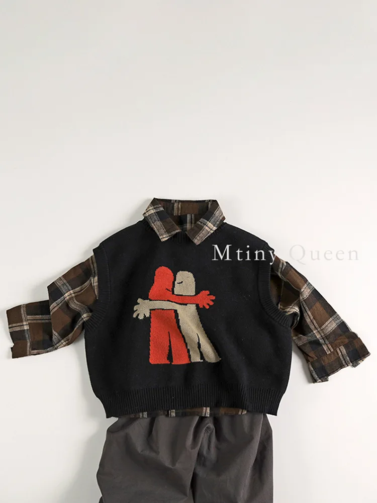 2024 Autumn New Children Sleeveless Sweater Fashion Print Boys Girls Cotton Knit Vest O-neck Loose Kids Vintage Sweater