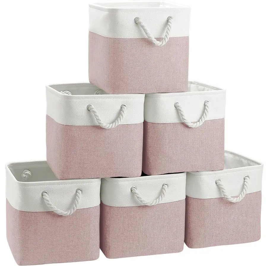 

Storage Bins, 6 Pack 11x11 inch with Cotton Handles for Closet, Shelves, Clothes, Towel White Pink