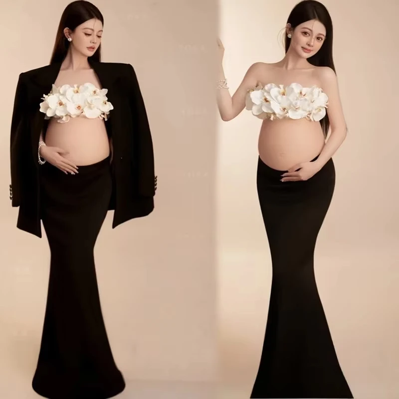 women-maternity-dress-for-photoshoot-elegant-floral-top-with-long-skirt-and-coat-suit-pregnancy-dresses-for-studio-photography