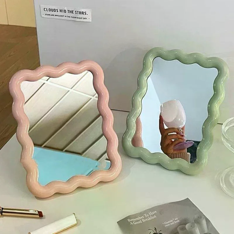 Miroir de maquillage de bureau ondulé, couleur unie, Simple, Portable, pliable, Compact, mignon pour étudiant