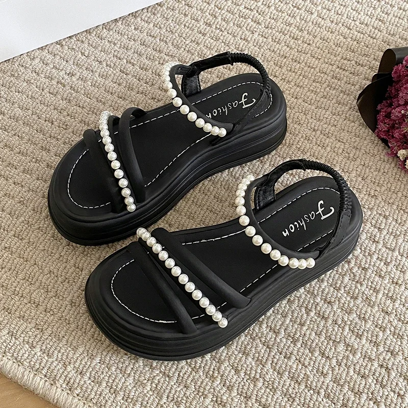 Letnie sandały damskie z okrągłym noskiem Hollow Beach Ladies Shoes String Bead Sandals Platform Shoes for Women Pearl College Sandals