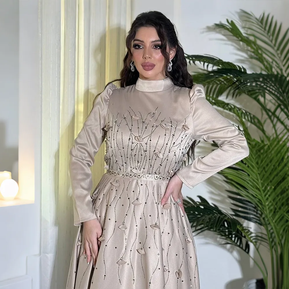 

Elegant Dubai Abaya Turkey Kaftan Women Muslim Party Dress Satin Evening Gown Eid Djellaba Femme Musulmane Vestidos Jalabiya New