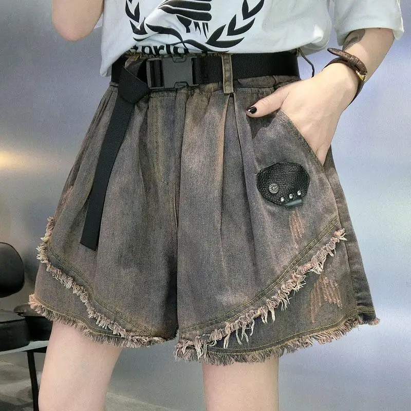 

High Waist A-Line Denim Shorts Women's Summer Loose Fit Elastic Waist Retro Frayed Wide Leg Trendy Hot Pants Deep Color