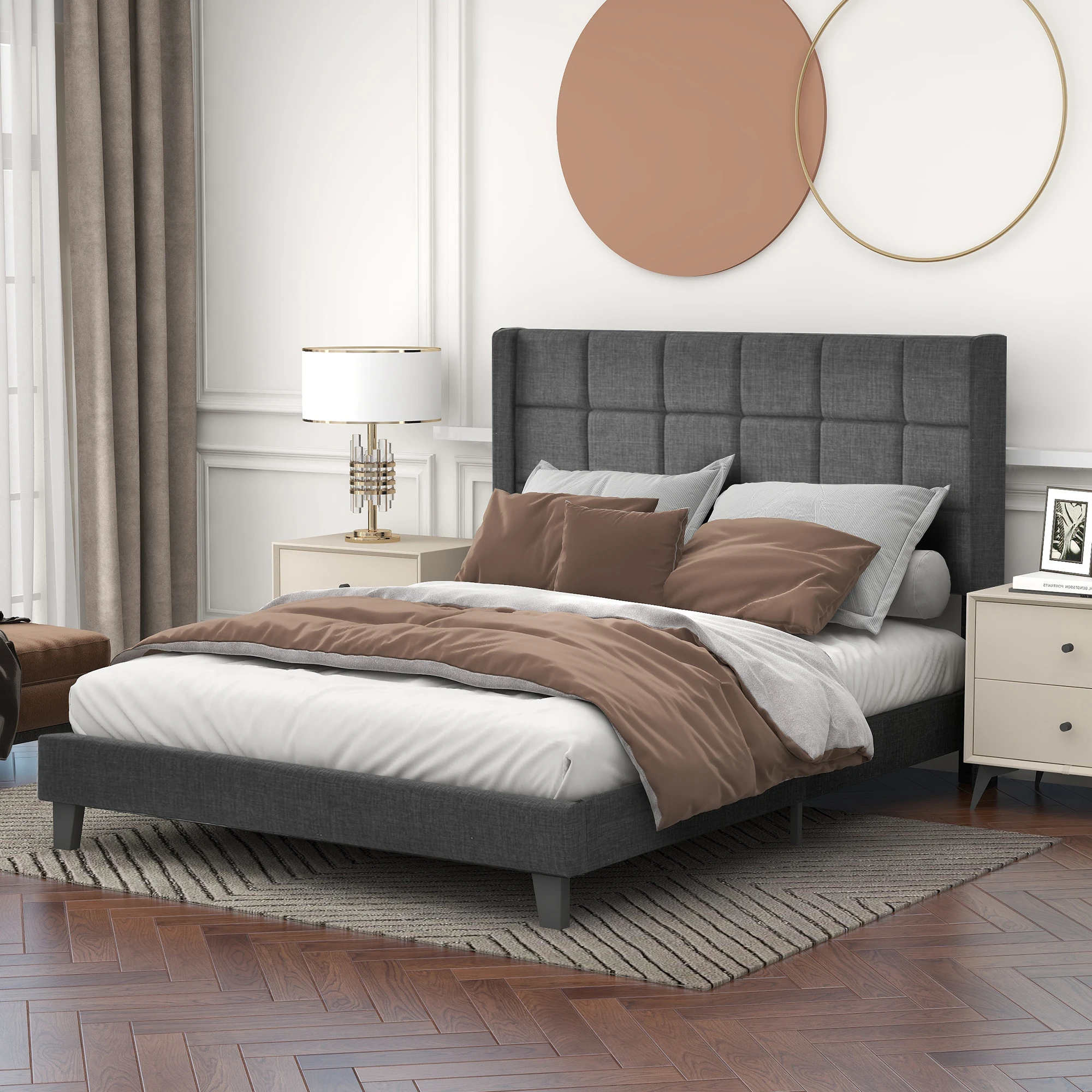 Cushion bed With its upholstered headboard, double bed with slatted frame, 140x200cm ,in gray linen, medium solid (Without mattress)