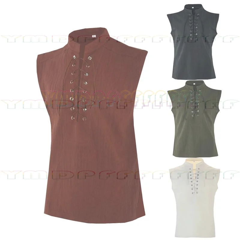 Medieval Renaissance warrior knight costume 5-color long robe shirt top sleeveless T-shirt lace up design shirt loose Halloween view 2