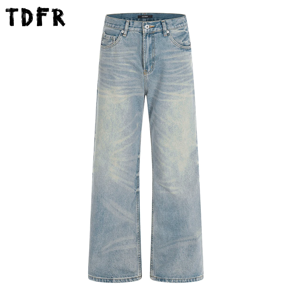 

Рваные синие джинсы, мужские повседневные потертые потертые прямые мешковатые широкие джинсовые брюки в стиле ретро, мужские брюки