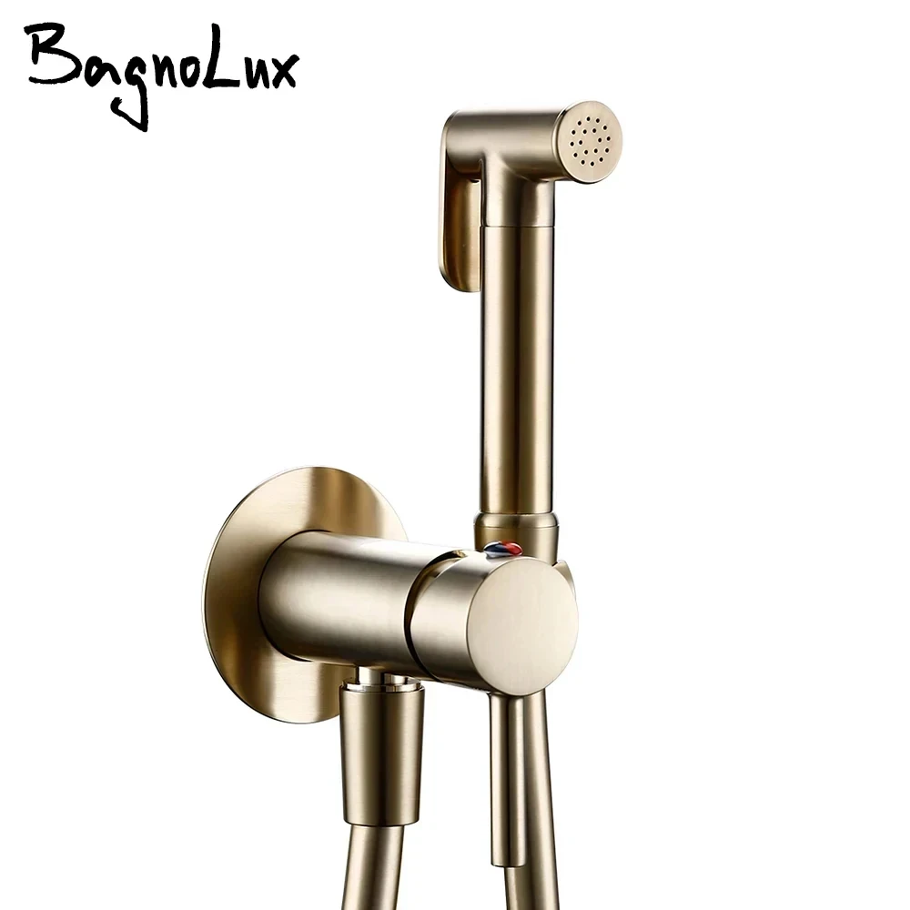 Bagnolux Brushed Gold Toilet Held Bidet Sprayer Kit with Hose and Holder Wall Mounted Hot and Cold Mixed Type Bathroom Faucet