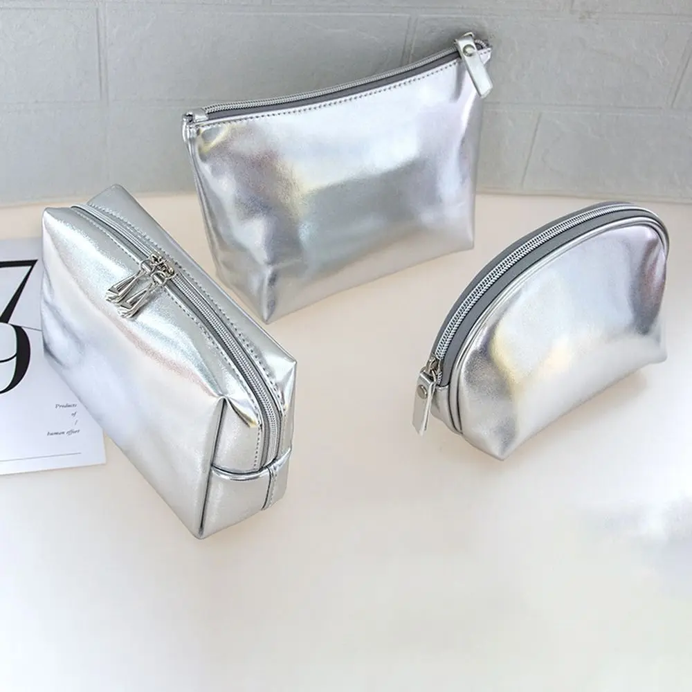 Korean PU Leather Shell Makeup Bag Silver Color Rectangle T Shape Cosmetic Handbag Solid Color Lipstick Bag