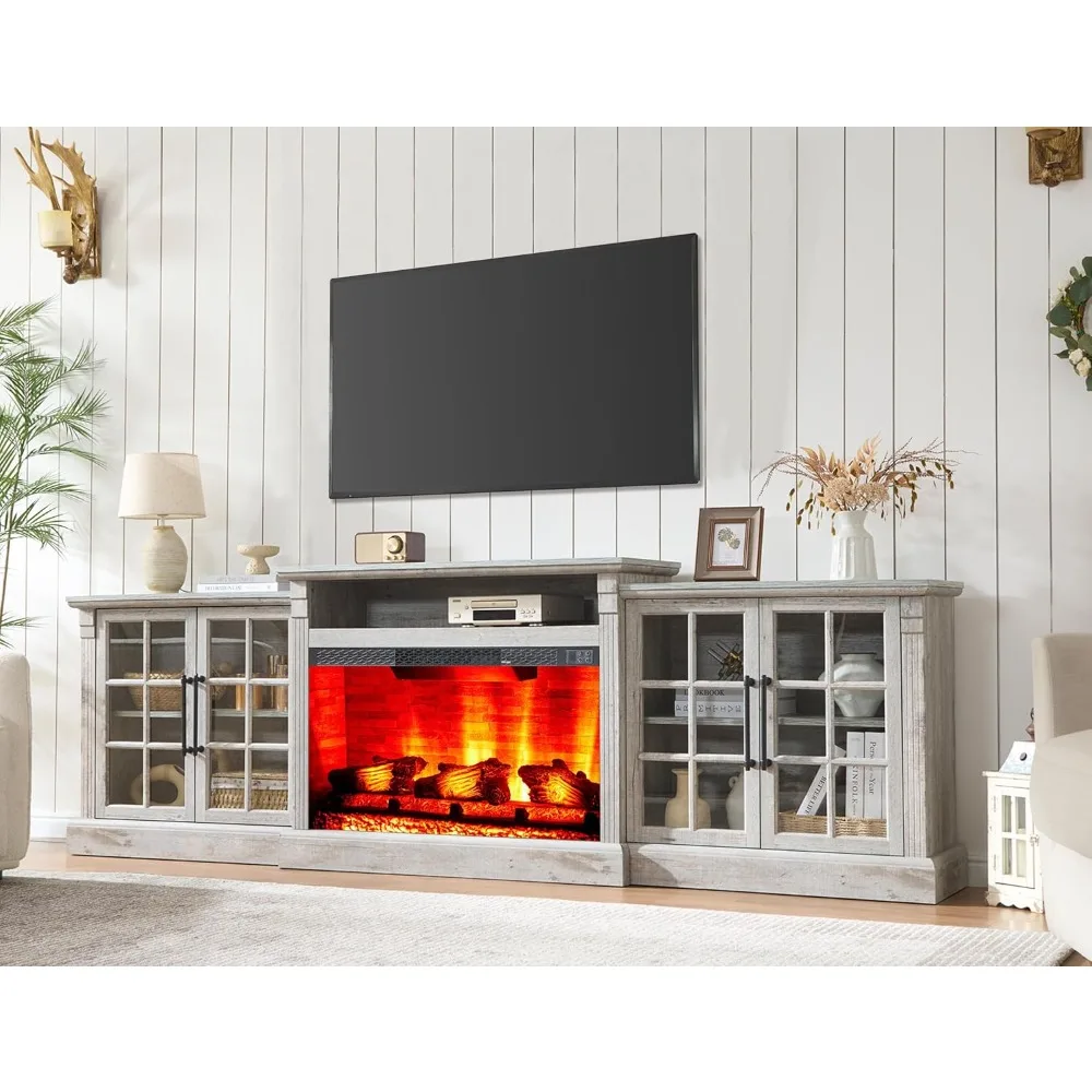 

97" Farmhouse Fireplace TV Stand, Entertainment Center with Large Storage Space and Adjustable Shelf, Media Console.