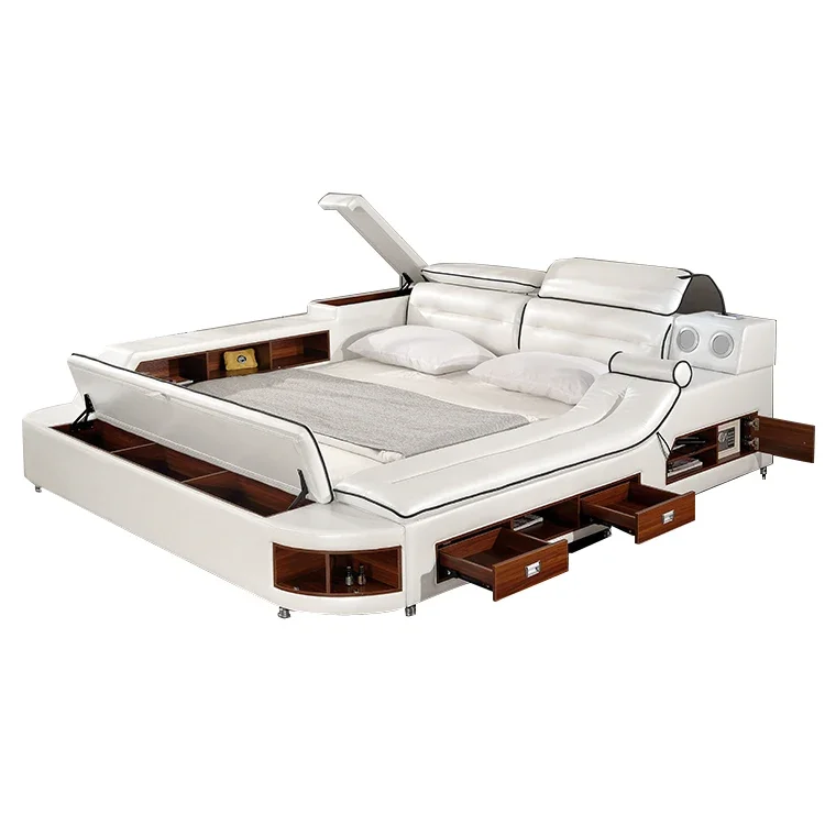 Indoor Bedroom Furniture Leather Bed With Storage Drawers Multifunction Massage Bed With Speaker