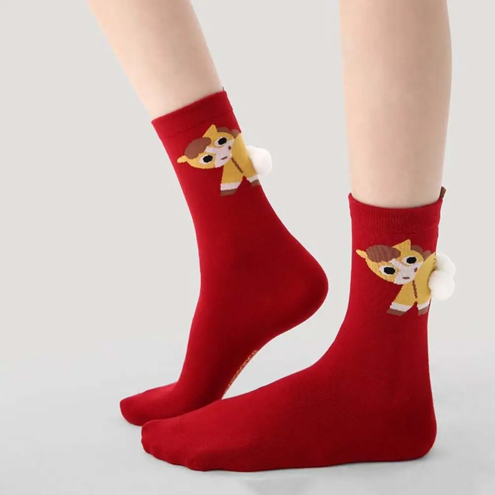 

Comfortable Cotton New Year Socks Winter Autumn Mid Calf Year of The Horse Socks Good Luck Cartoon Red Tube Socks Gift