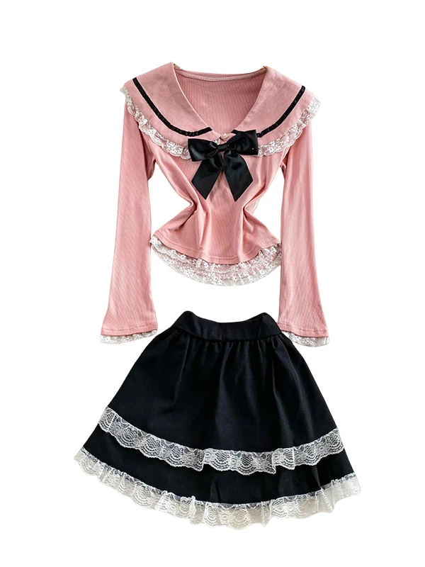 Atasan Rajut Ele Sweet dengan Renda dan Rok Cake High Waist Dua Potong Set Gaya Prancis Kasual untuk Musim Gugur