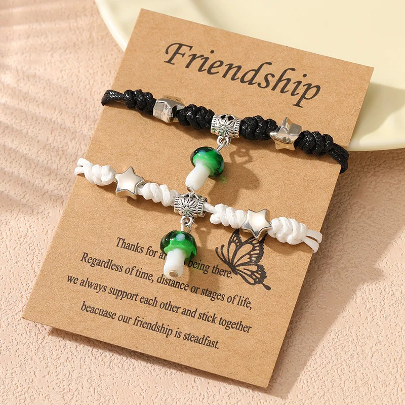 A pair of hand-woven small mushroom couple bracelets for male and female student best friends, adjustable and purely handmade wi