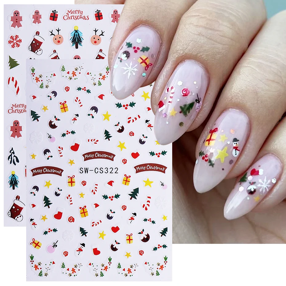 2 個クリスマスネイルステッカーかわいいジンジャーブレッドマンエルククリスマスツリー葉ヒイラギ DIY 冬ギフトデカールスライダーマニキュア装飾