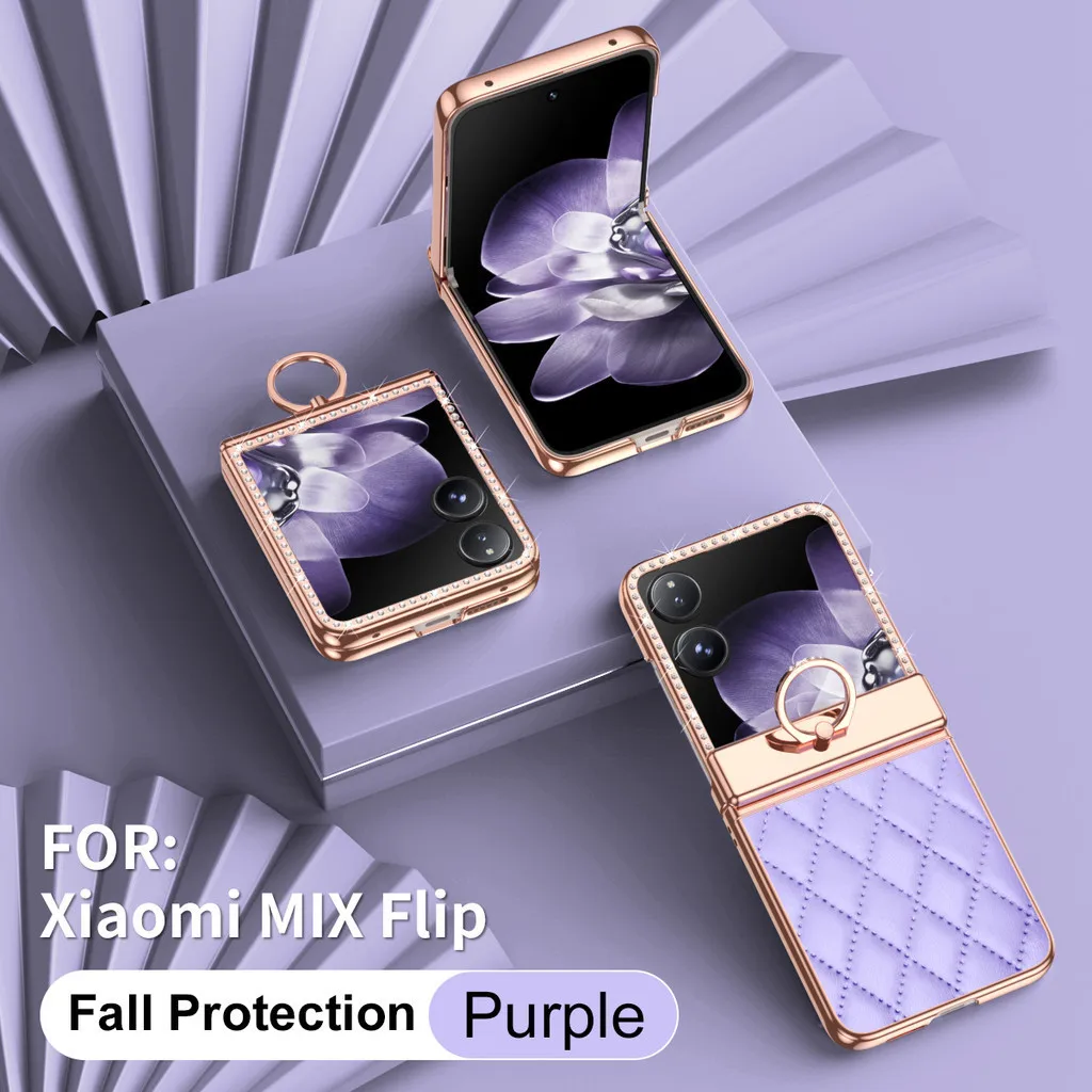 Etui na telefon Xiaomi Mix z diamentami, skórą, platerowanym uchwytem na pierścień, z pełną ochroną i zawiasem. — zdjęcie produktu 2