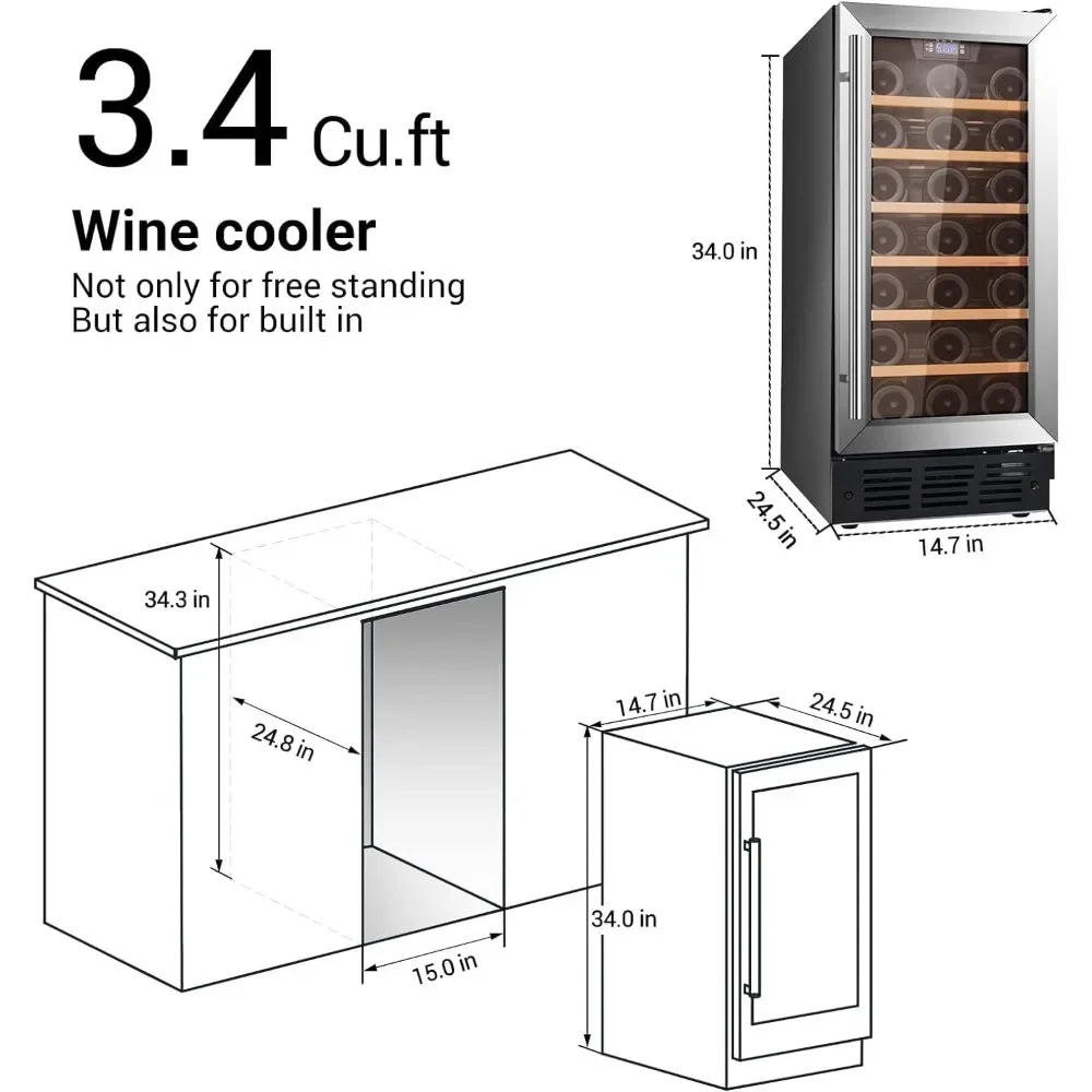 Wine Chiller with LED & Adjustable Thermostat, Built in & Freestand, Consistent Temperature and Powerful Compressor, Wine Cooler