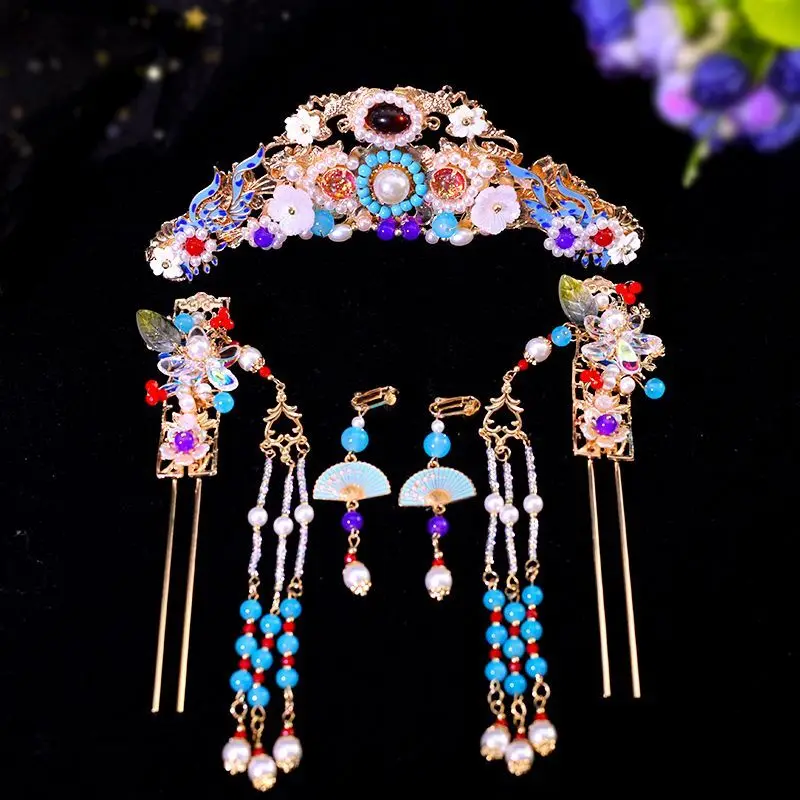 

Ancient Womens Blue Flowers With Fringe Beads Hair Crown Hair Pin Earrings Set Hanfu Hair Accessories