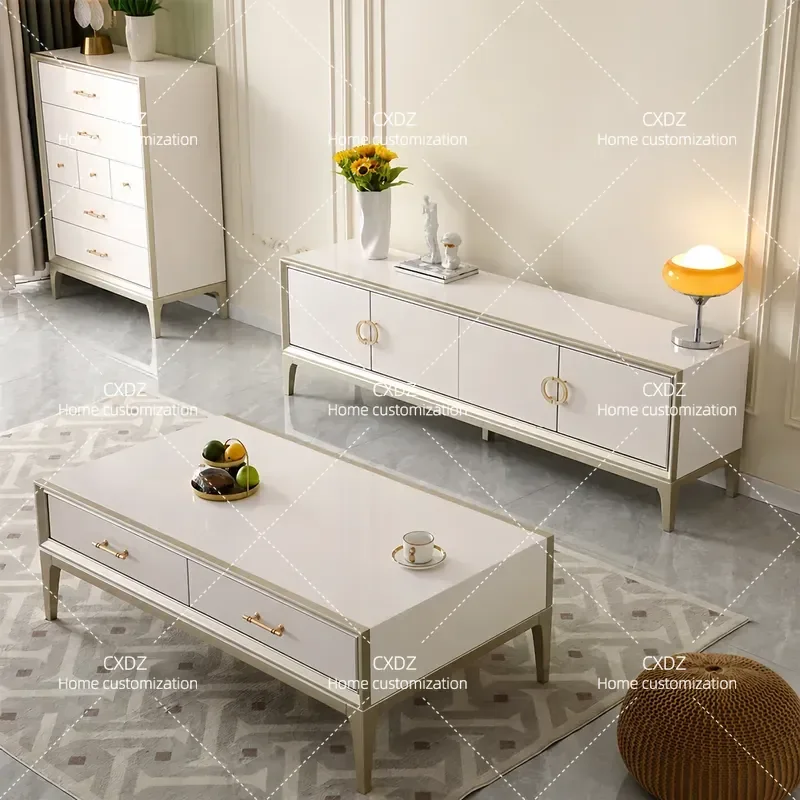 White Coffee Table and TV Cabinet Combo Solid Wood Storage Unit for Living Room Modern Minimalist Design Home Furniture