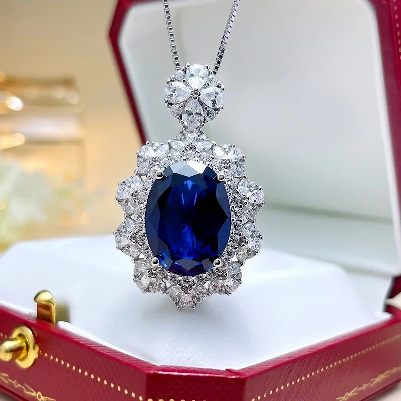 

14 Carat Synthetic Blue Treasure Necklace Pendant Dove Egg Corundum Retro 925 Silver Engagement Jewelry for Women