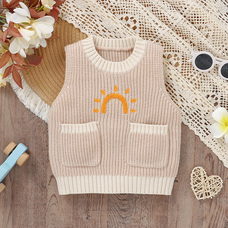 Baby Sweater Knit Sleeveless Newborn Boy Girl Tops Solid Toddler Infant Clothes Outwear Fashion Sunshine Pockets Autumn Overalls