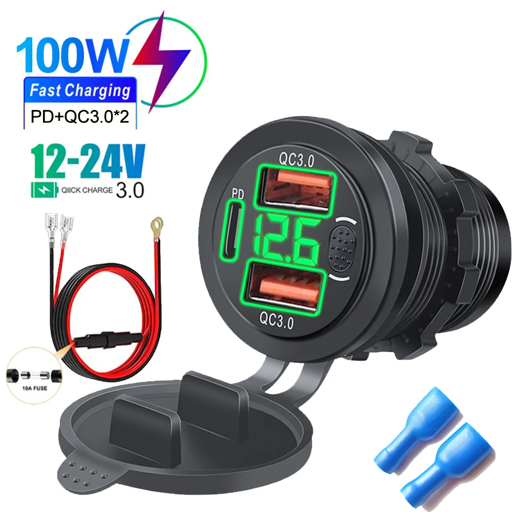 12/24V Trzyportowe gniazdo ładowarki USB USB-C PD i podwójne QC 3.0 do motocykla samochodowego z woltomierzem i wyłącznikiem zasilania Ładowarka samochodowa