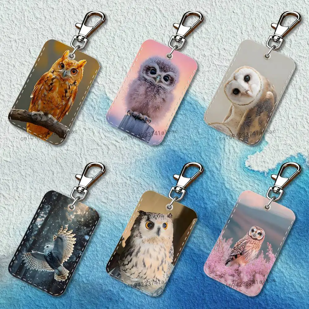 

Pet Cute Owl Rectangle Access Card Case Leather Card Holder Keychain Key Ring Transportation Card Case
