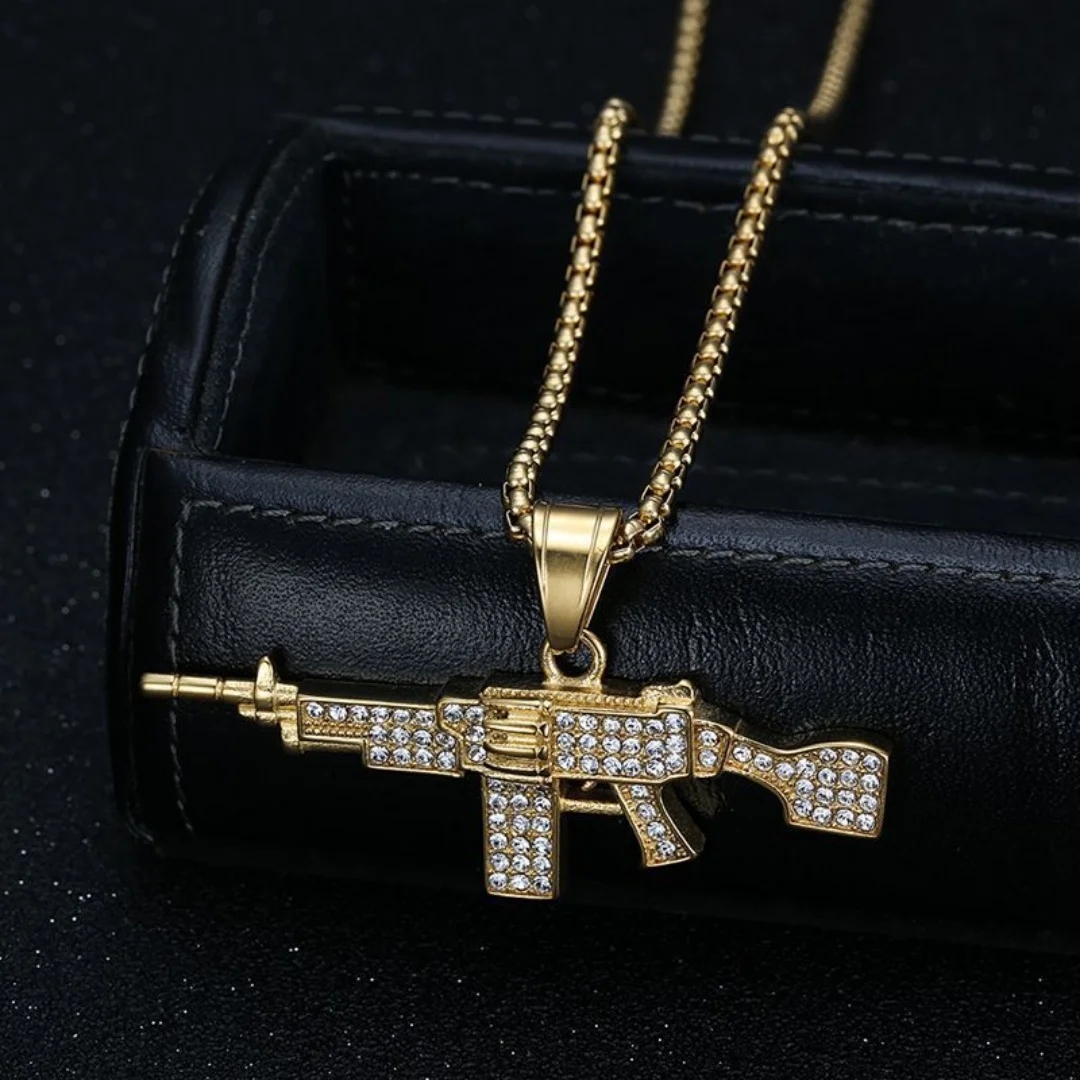 Hiphop Pistol/Assault Rifle/Machine Gun Pendant Gold Silver Color Stainless Steel Rapper Necklace Man Hippie Military Jewelry view 2