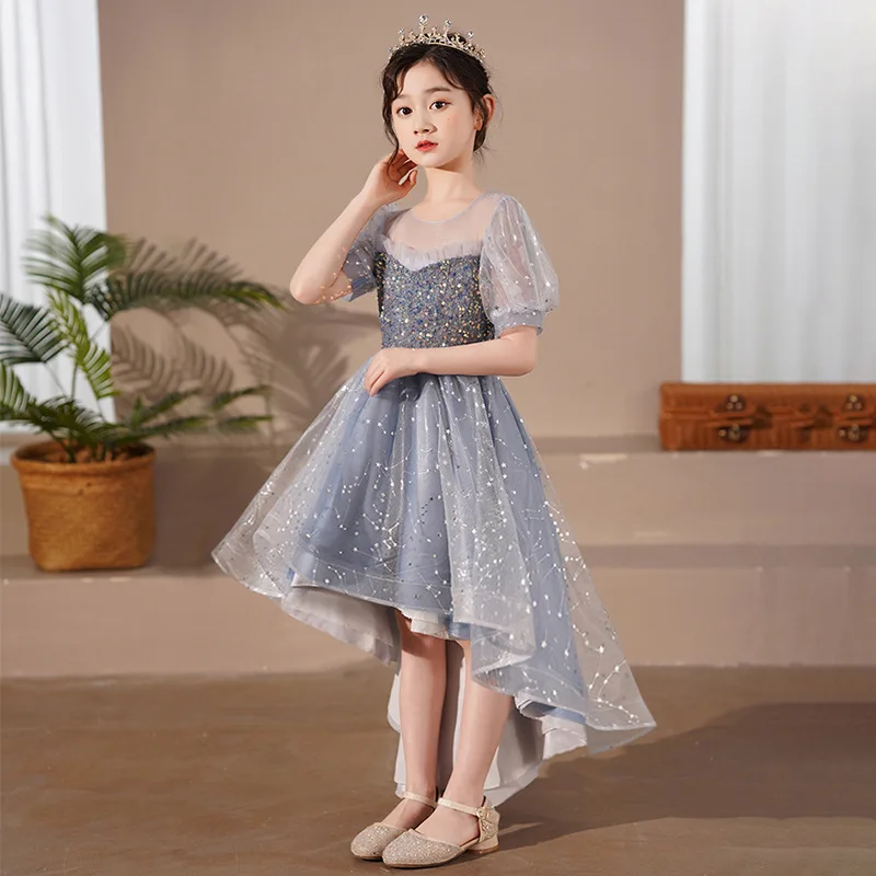 Princess Kids Party Mermaid Dresses 2023 Summer New Fashion O-Neck Lace Puff Sleeve Piano Performance Host Flower Girl Costume