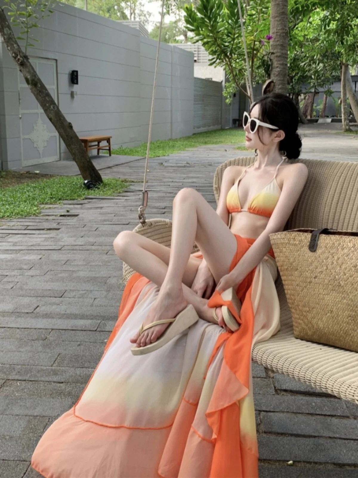 Reizen Strandkleding Bikini Sexy T-stuk Set adient Chiffon Vloerlengte Dr V-ne Lange Broek Casual Faion Ensemble