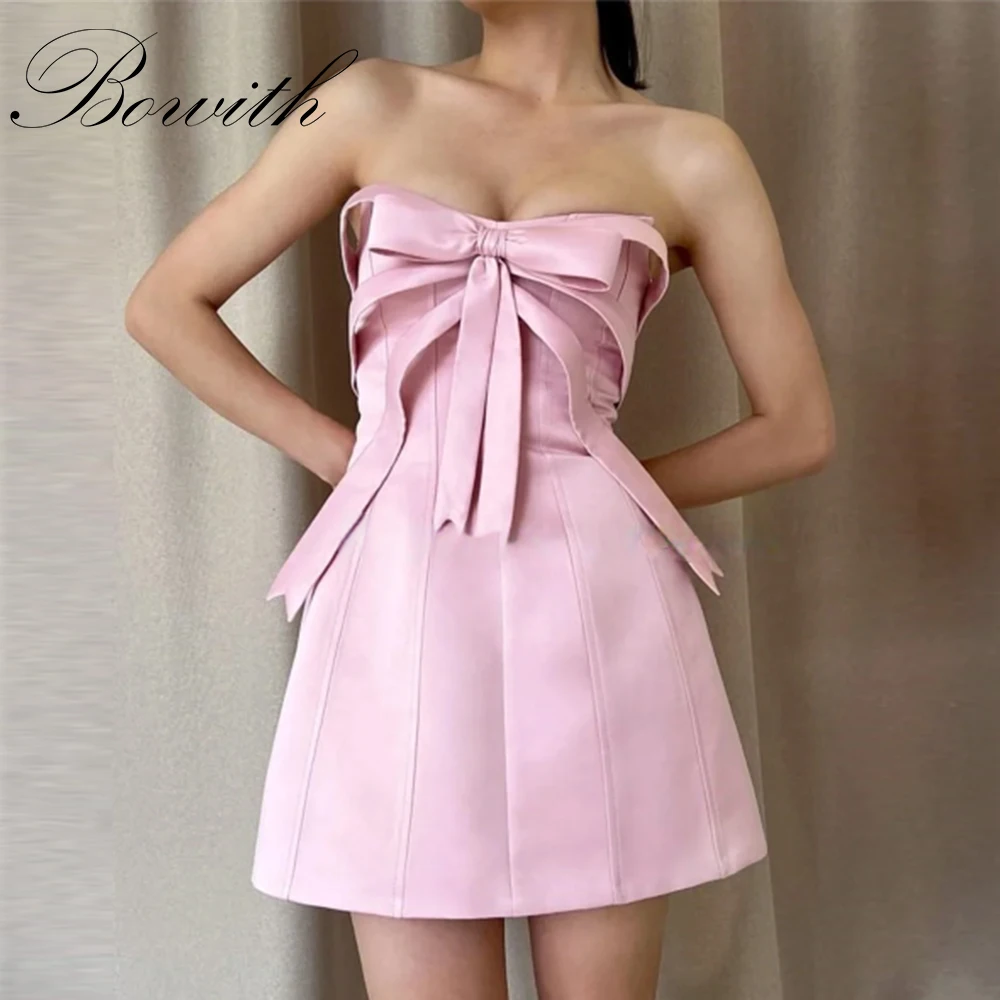 

Bowith Sexy Satin Mini Cocktail Party Dresses Strapless A Line Wedding Party Dress Customized Pleats Women Prom Gown