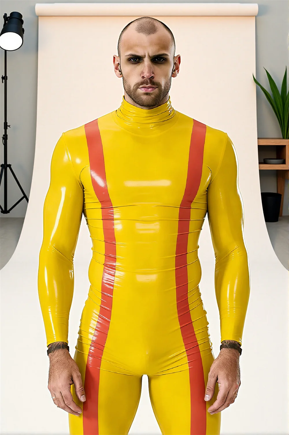 Gummi-Latex-Catsuit mit langen Ärmeln für Herren, gelb-rot gestreift, durchgehender Reißverschluss vorne und hinten, eng anliegender Bodysuit, individuell anpassbar