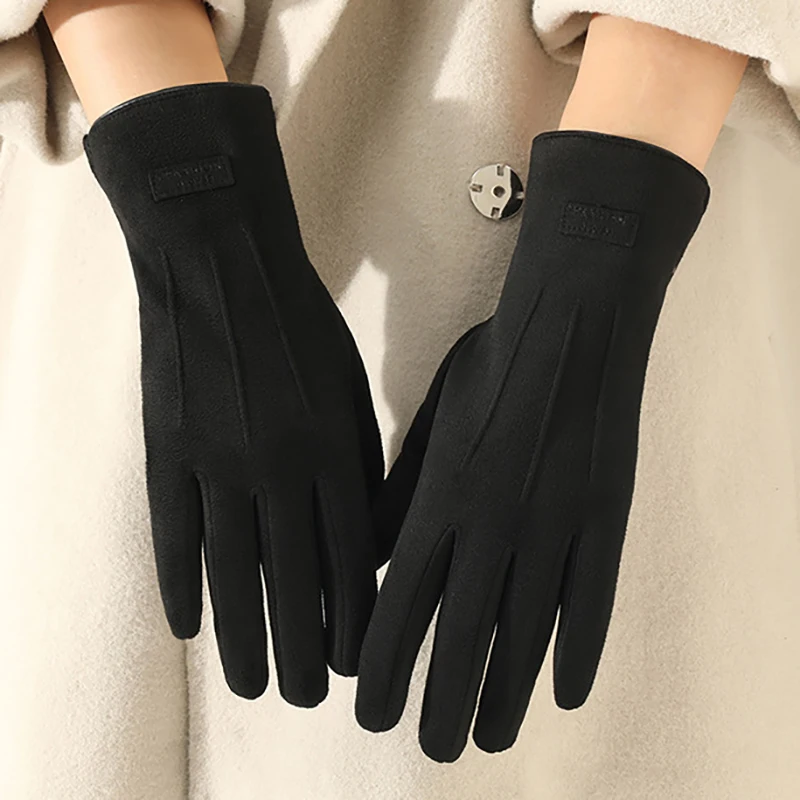 Women Winter Thick Keep Warm Fashion Simple Style Three Stripes Suede Touch Screen Gloves Cycling Driving Coldproof Mittens