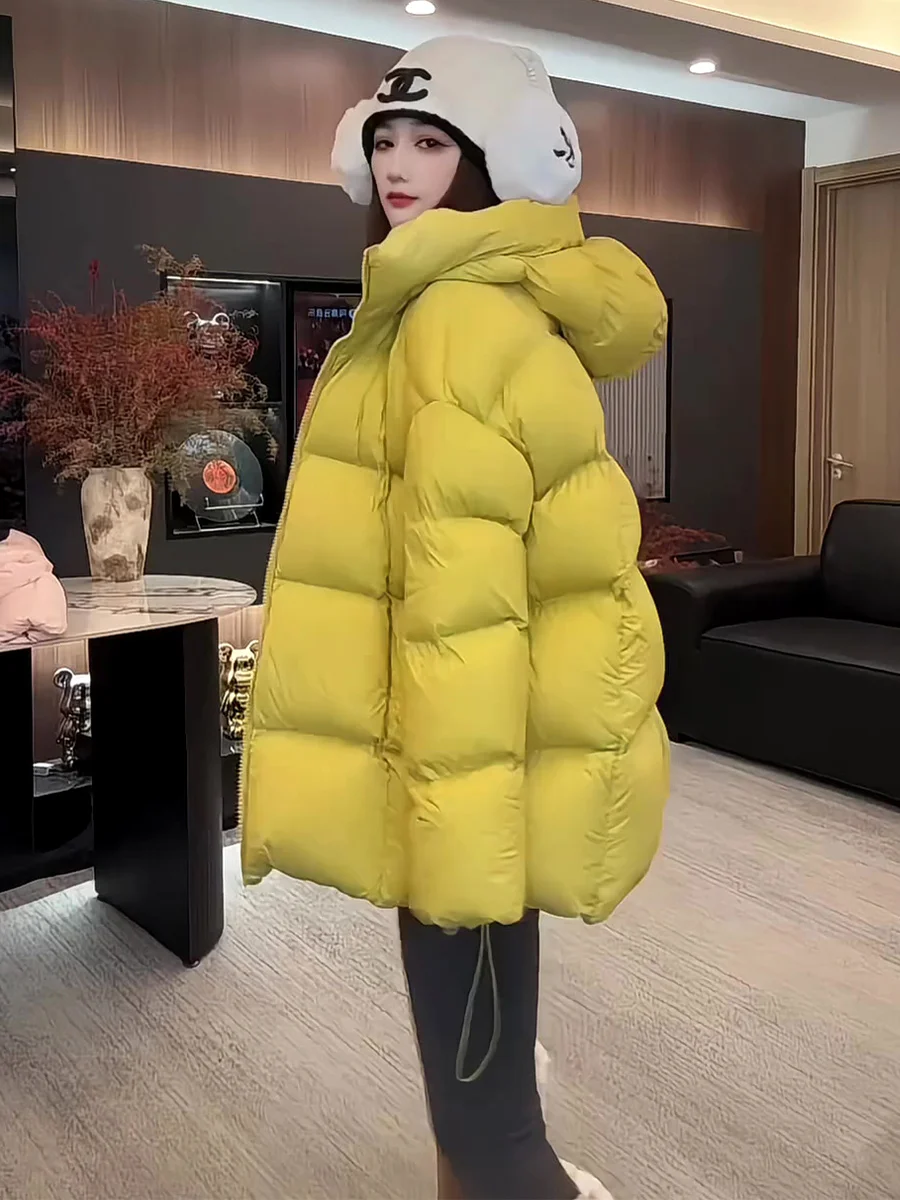 

Women's Puffer Jaet Yellow Hooded Thi Warm Winter Coat Korean Sle Cloud Doughnut ape Durable Fabric Long Sve Zippe...