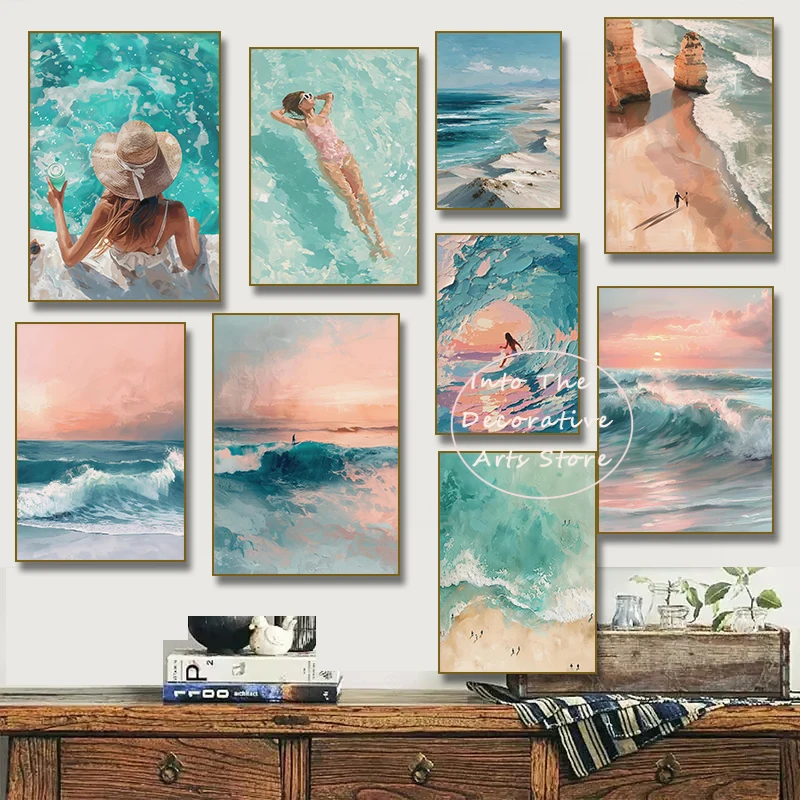 Klassisches Strandlandschafts-Poster mit Surf-Atmosphäre, Moderne Diamantmalerei Wandkunst Bilder zur Heimdekoration