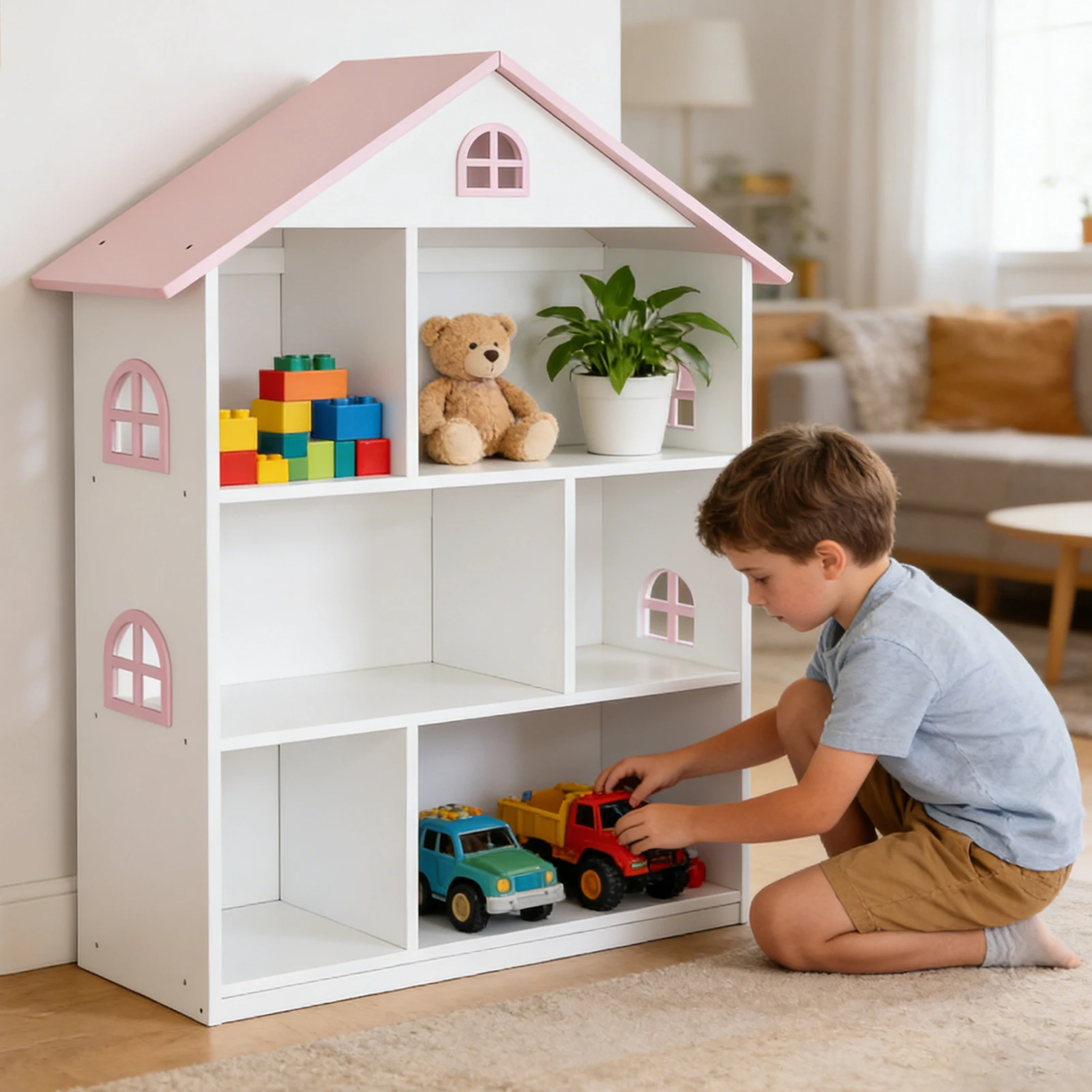 Wooden Dollhouse Bookshelf 3Tier Bookcase Kids Books Toys Storage Organizer Girls Bedroom Playroom Kindergarten Educational Toy