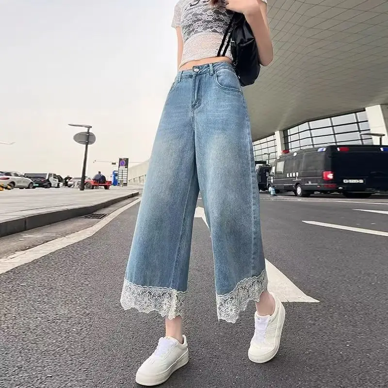 

Lace Wide-leg Ultra-thin Jeans for Women Summer High-waisted New Style Nine-point Loose Slimming Straight Pants for Small People