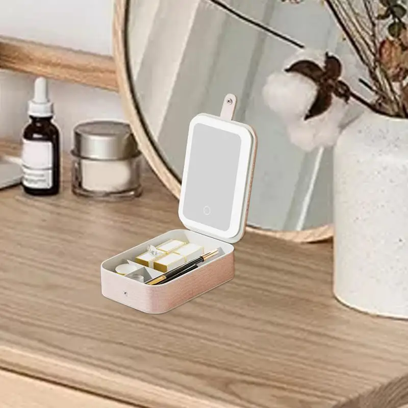 Estuche de maquillaje de viaje con espejo, compacta caja de maquillaje, textura de piel de cocodrilo, espejo de maquillaje con luz LED, producto grande para el cuidado de la piel