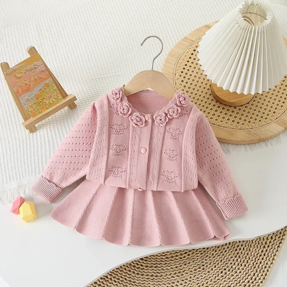 Girls Knitted Clothes Sets Spring Autumn 2024 Children Knit Sweaters Skirts 2pcs Dress Suit For Baby Outfits Kids 2 3 4 5 6 Year