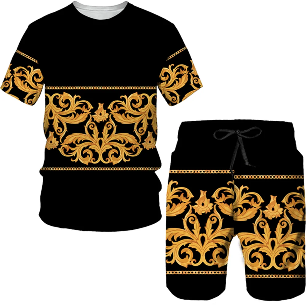 Summer 3D Printed T-shirt Shorts 2-Piece Casual  Luxury Retro Gold Pattern Men\'s  Sports Suit Fashionable 2023 Street Men\'s Wear